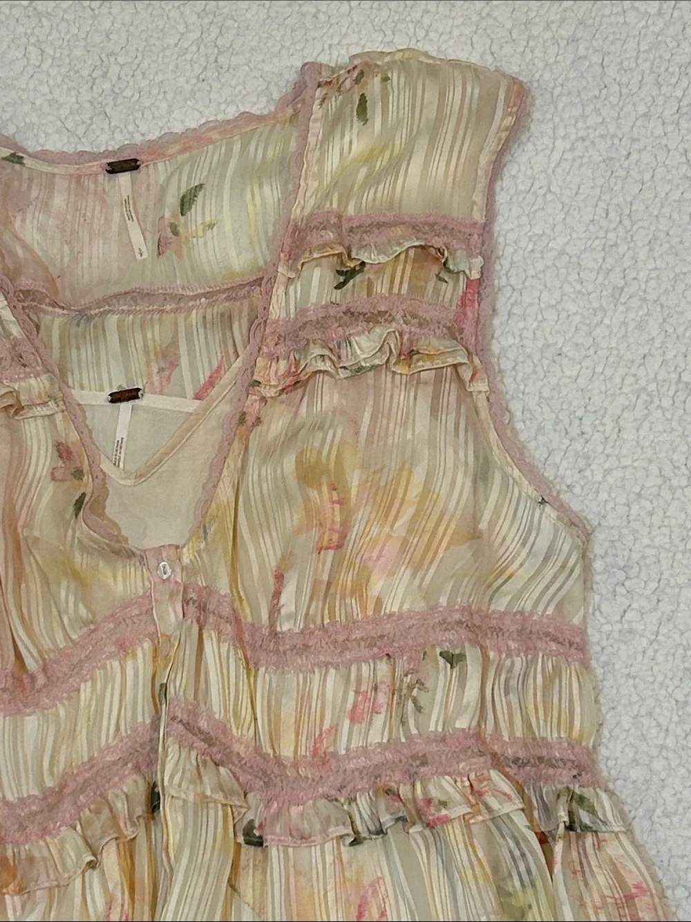 Free People Spring Fling Mini Dress in Tea Combo sz Small Yellow Pink Lace - Picture 5 of 16
